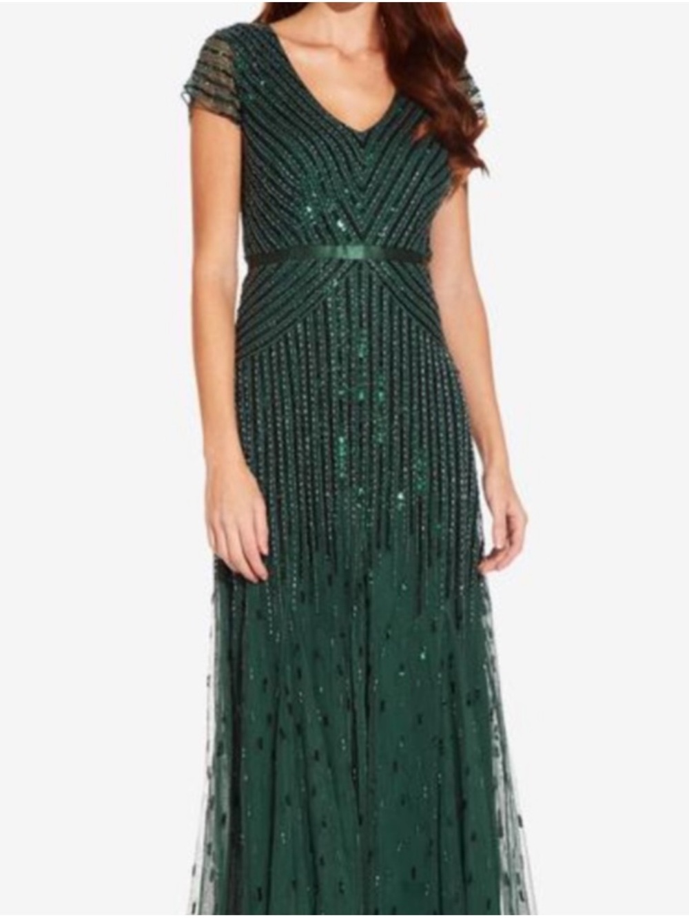 Adrianna Papell Dark Emerald Beaded V-Neck Maxi Dress